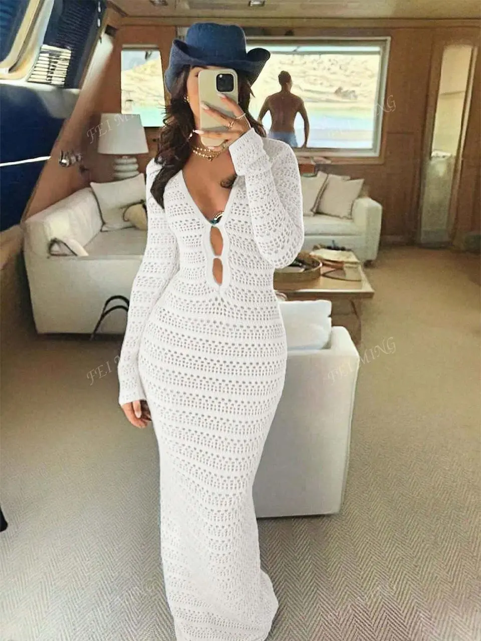 V-Neck Hollow-Out Solid Color Long Sleeve Long Knitted Cover Up Dress