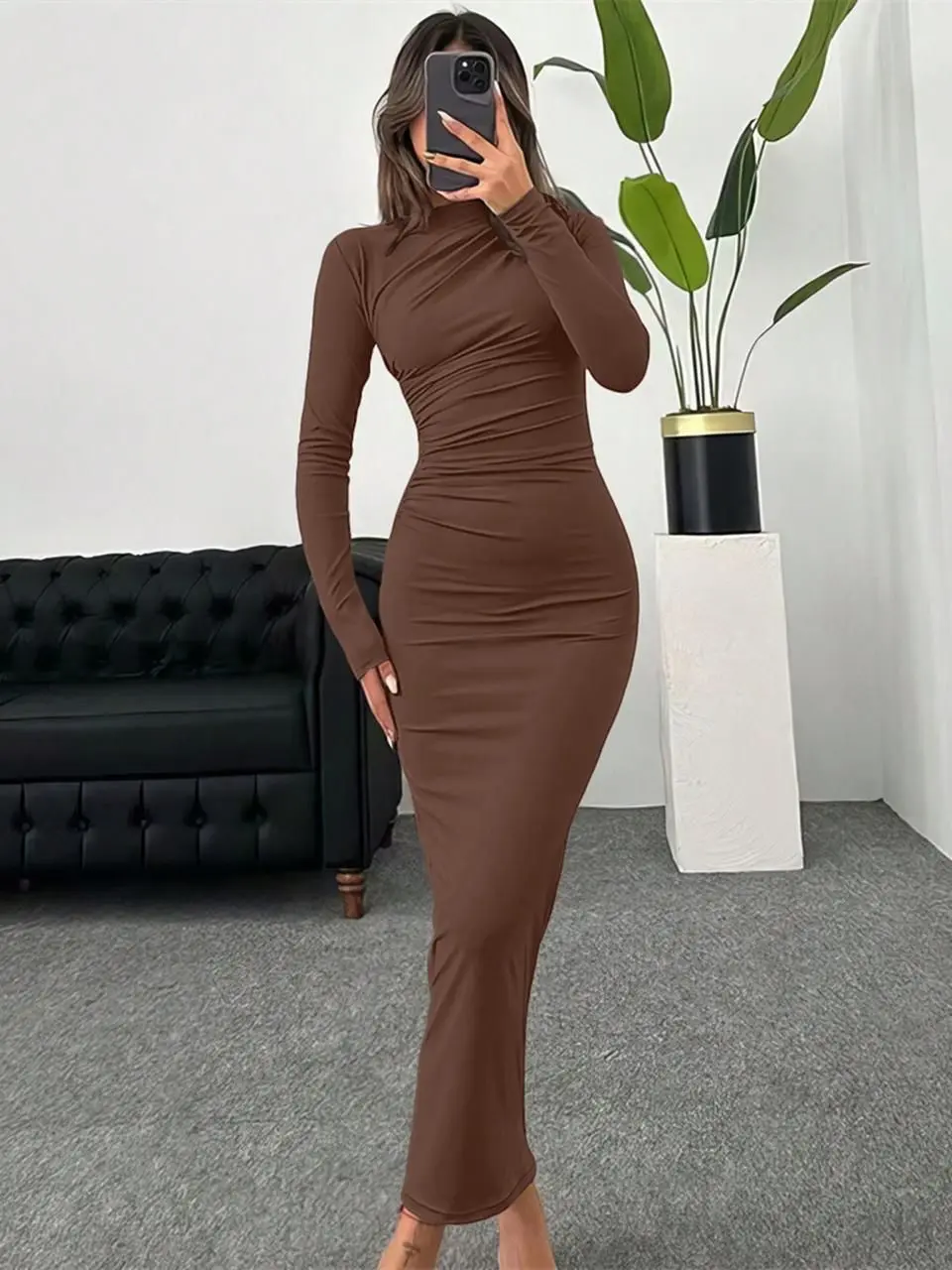 Long Sleeves Suk Dress - Brown