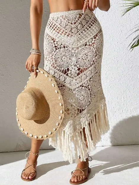 Fringed Hem Skirt Cover Up,Summer Beach