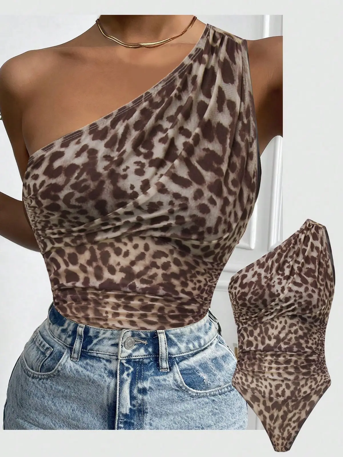 One Shoulder Leopards  Bodysuit New SHEIN