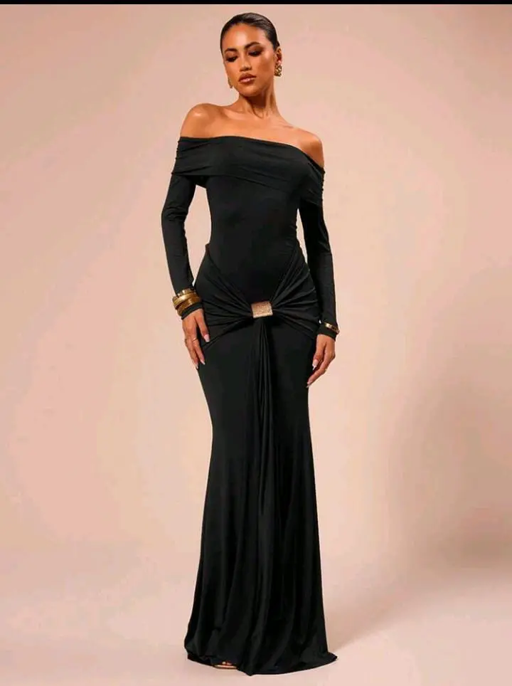 Off Shoulder Long Sleeve Maxi Dress Tie Front