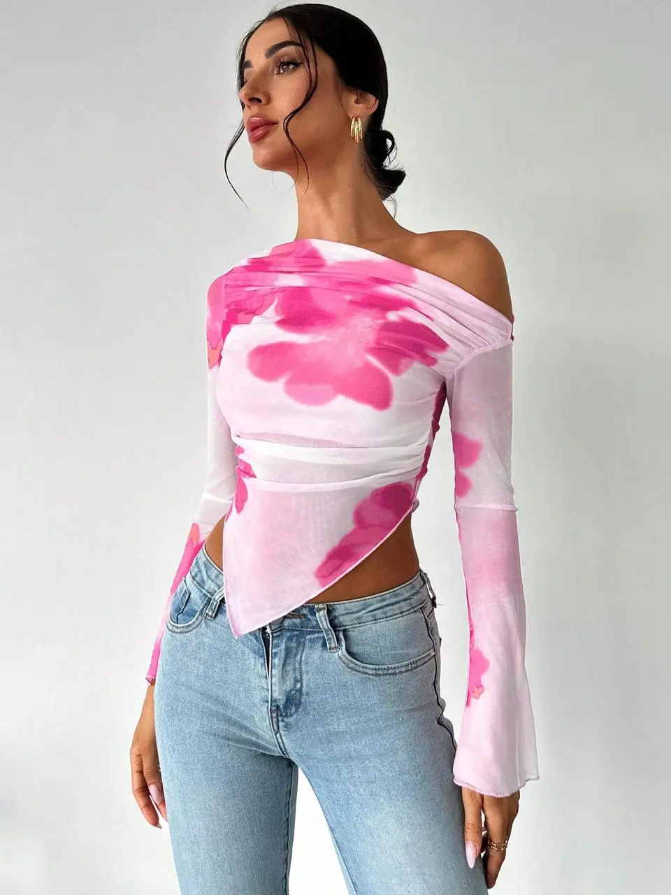 Tie Dye Asymmetrical Open Shoulder Long Sleeve Top