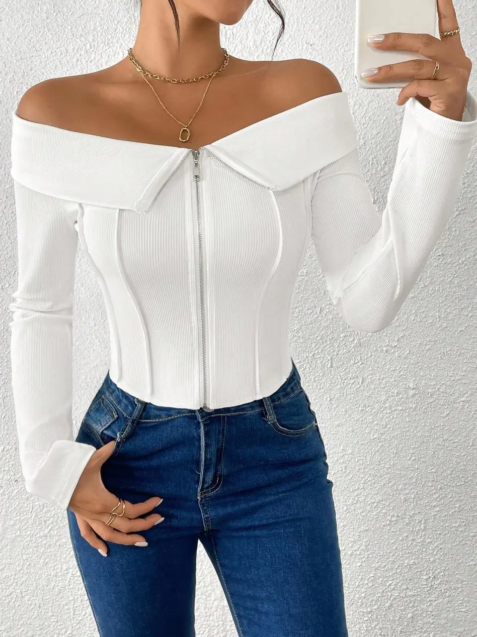 Short Off Shoulder Zipper Front Decorative Top