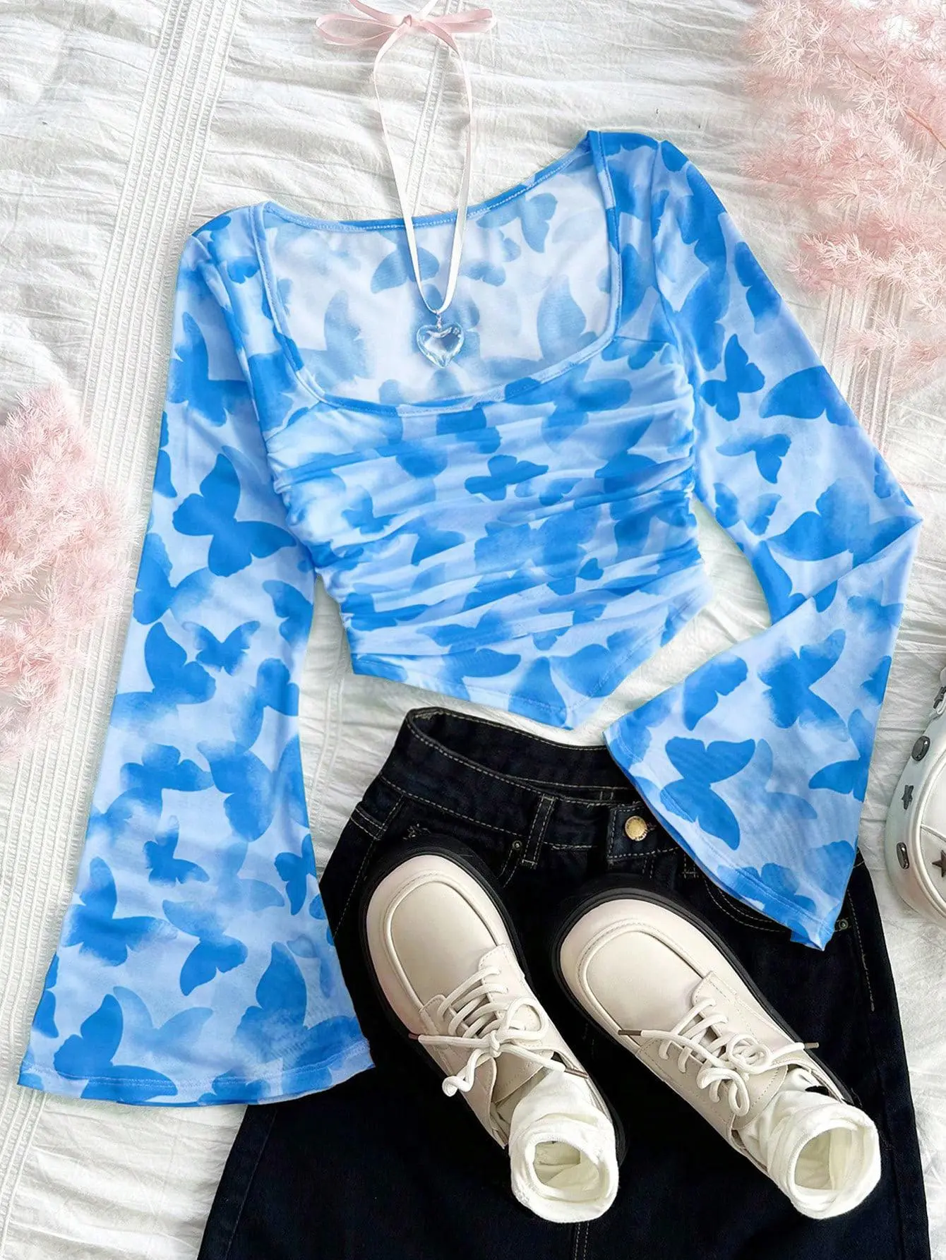 Floral Long Sleeves Butterfly Print Top