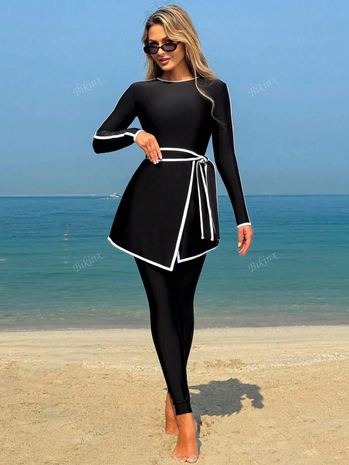 Solid White Lined Long Sleeves Swimsuit