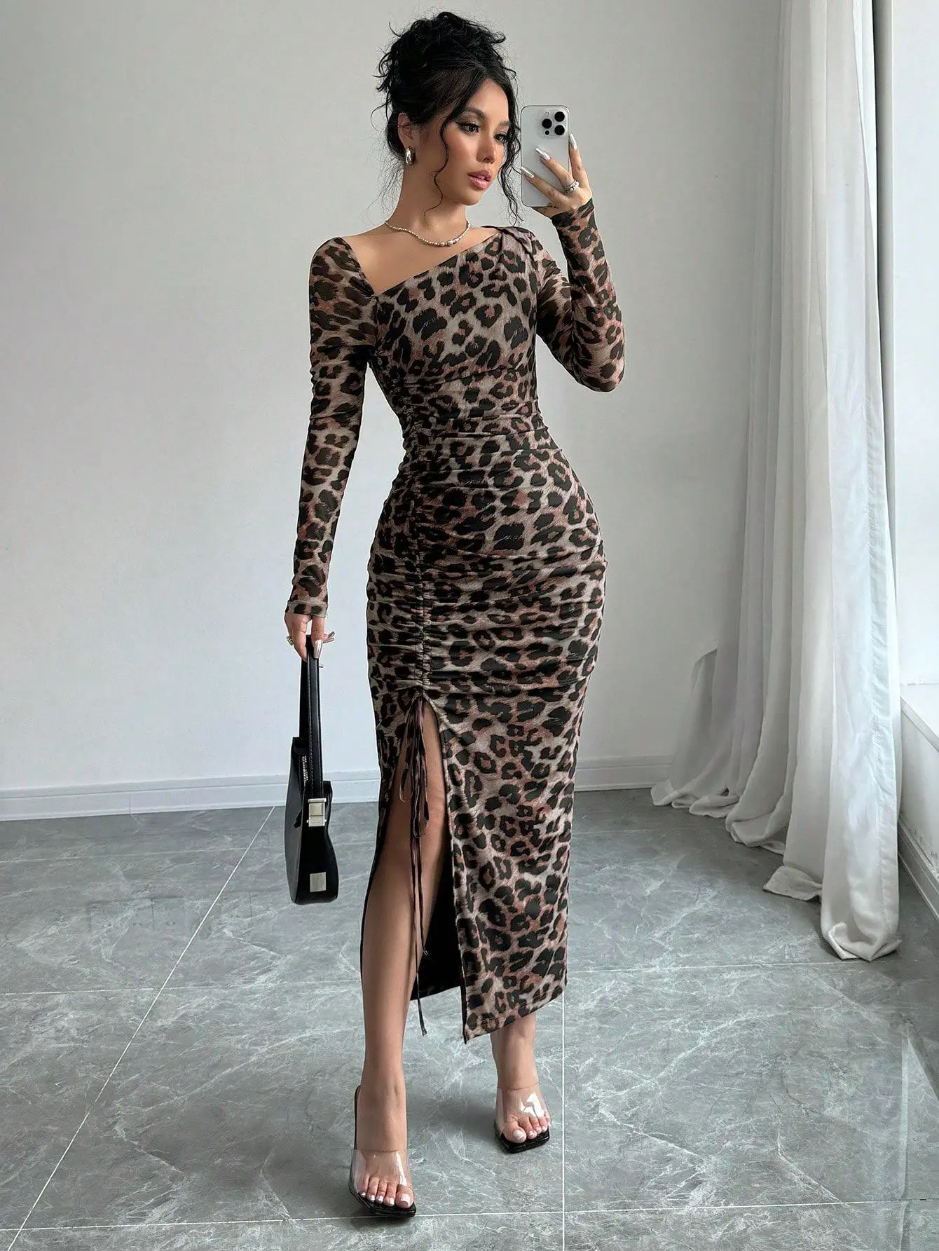 Leopards Long Sleeves Split Front Dress