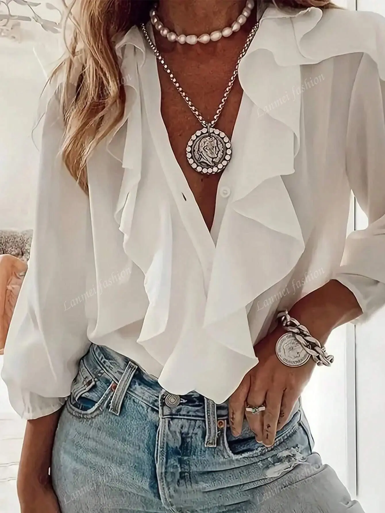 Frill Neck Open Top Blouse SHEIN