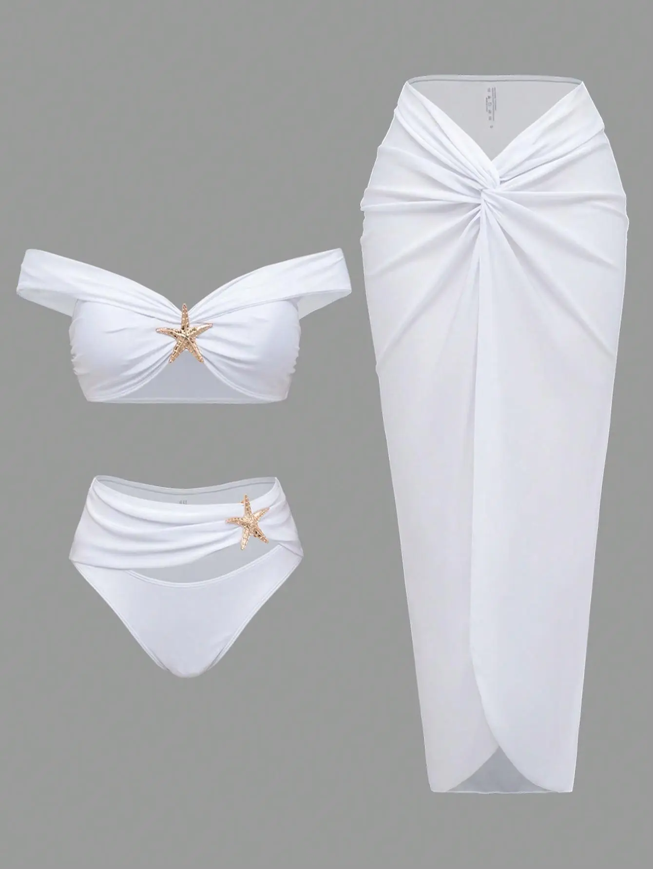 2Pcs Star Chain Décor Top & Bottom & Solid Cover Up Swimsuit