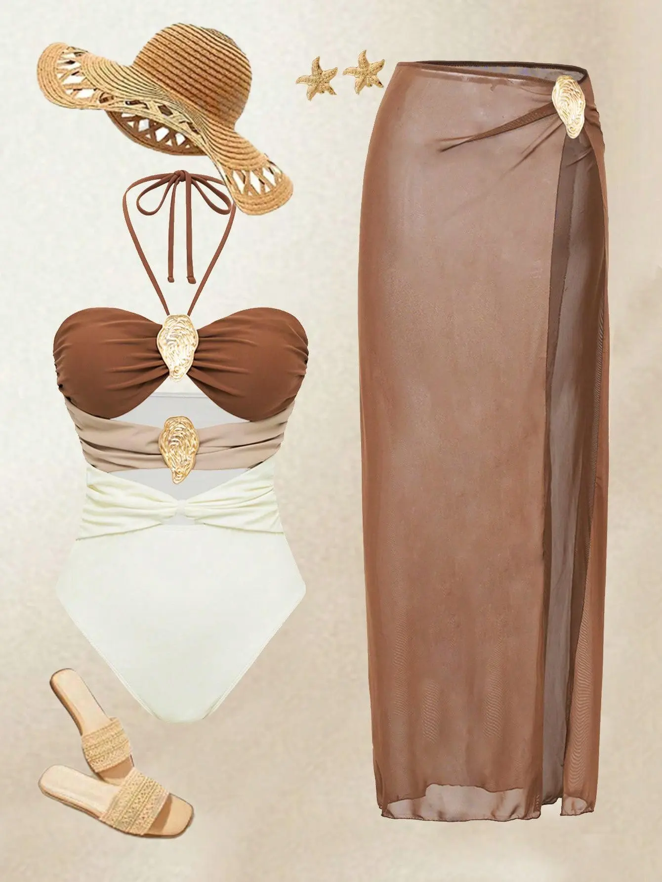 2Pcs Chain Top & Chain Décor Cover Up Swimsuit
