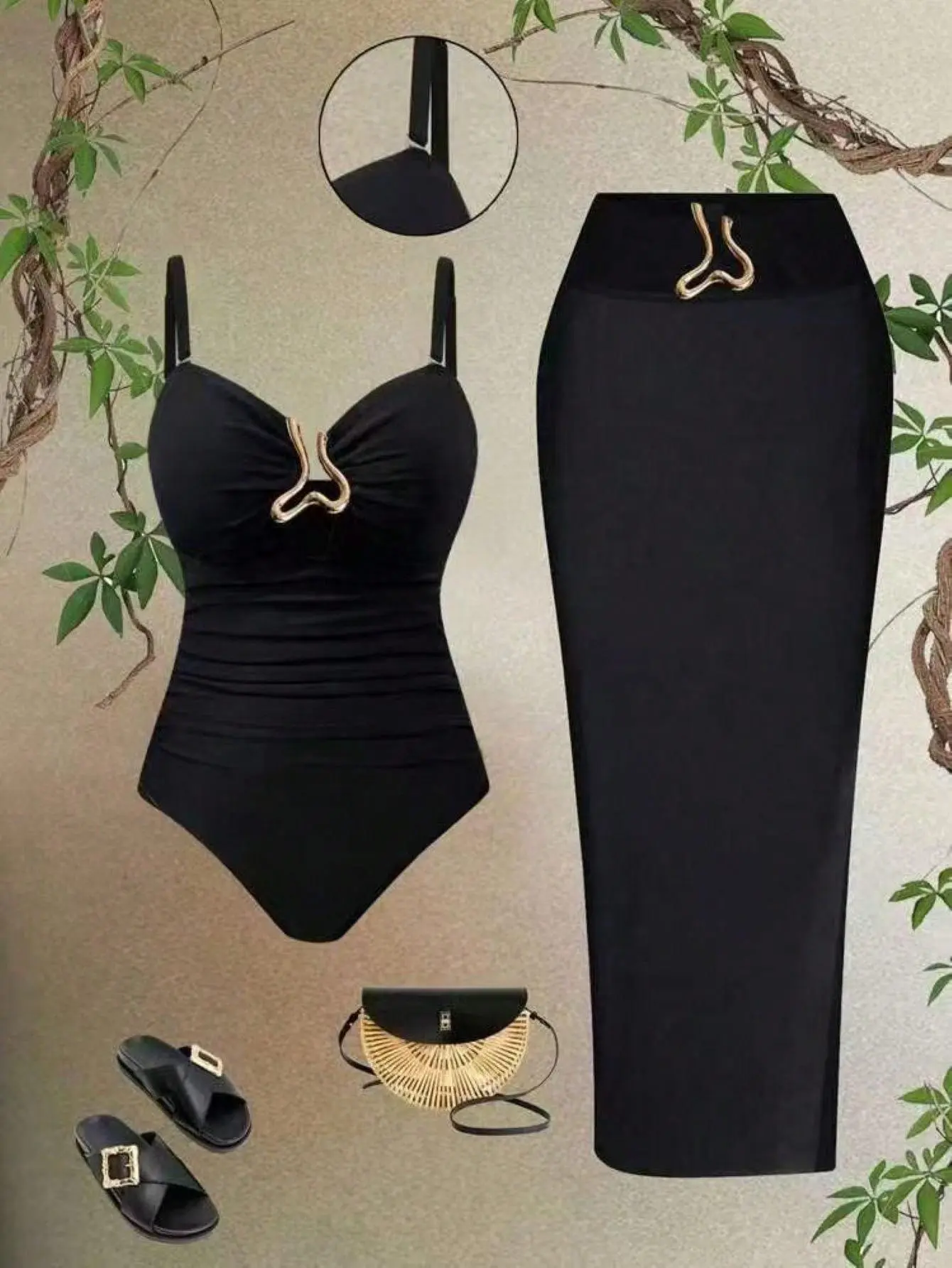 2Pcs Solid Décor Chain Swimsuit