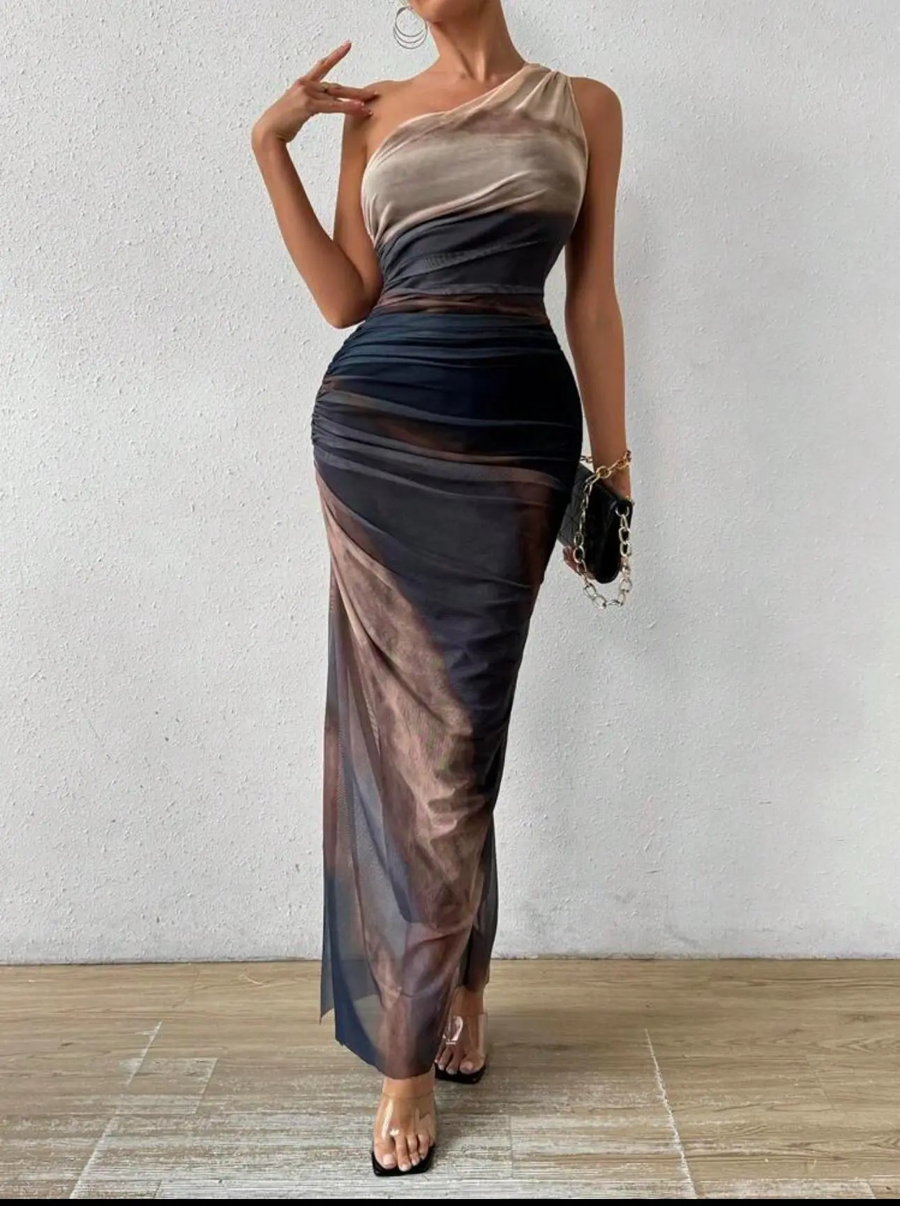 One Shoulder Side Split Long Toll Tie-Dye Dress