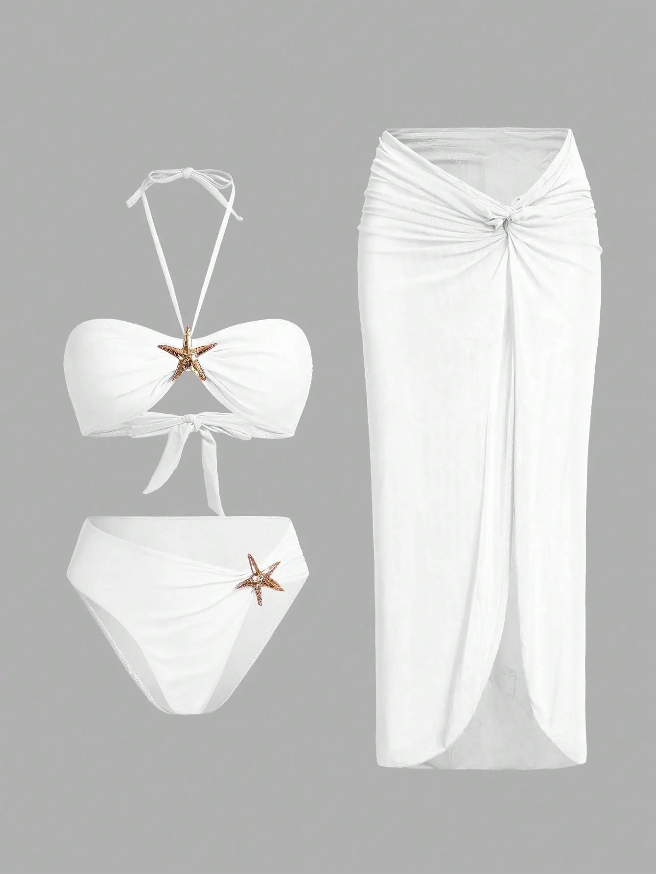 2Pcs Bikini Star Décor & Solid Cover Up Swimsuit