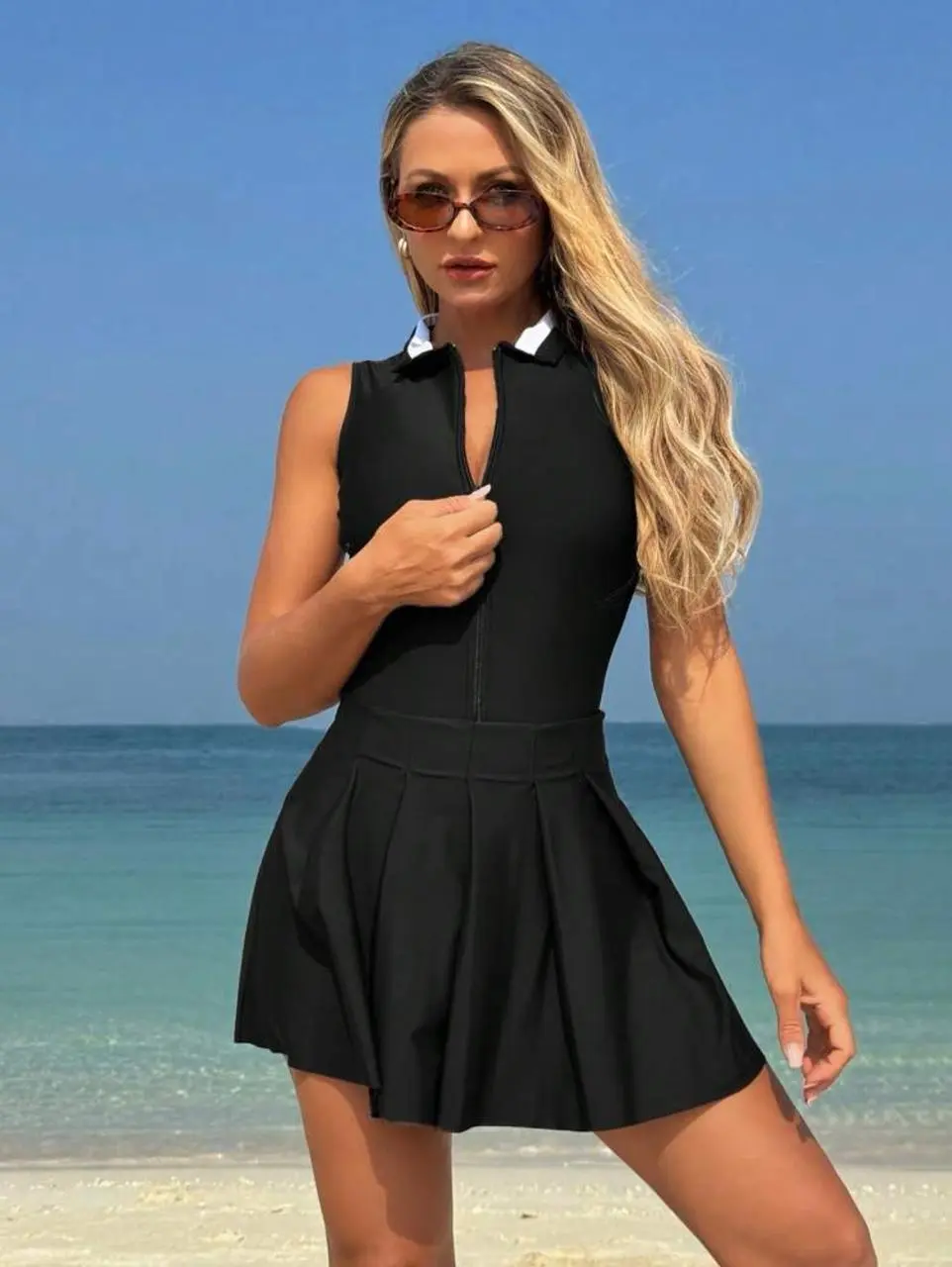 1Pc Collar Pleated Swimsuit