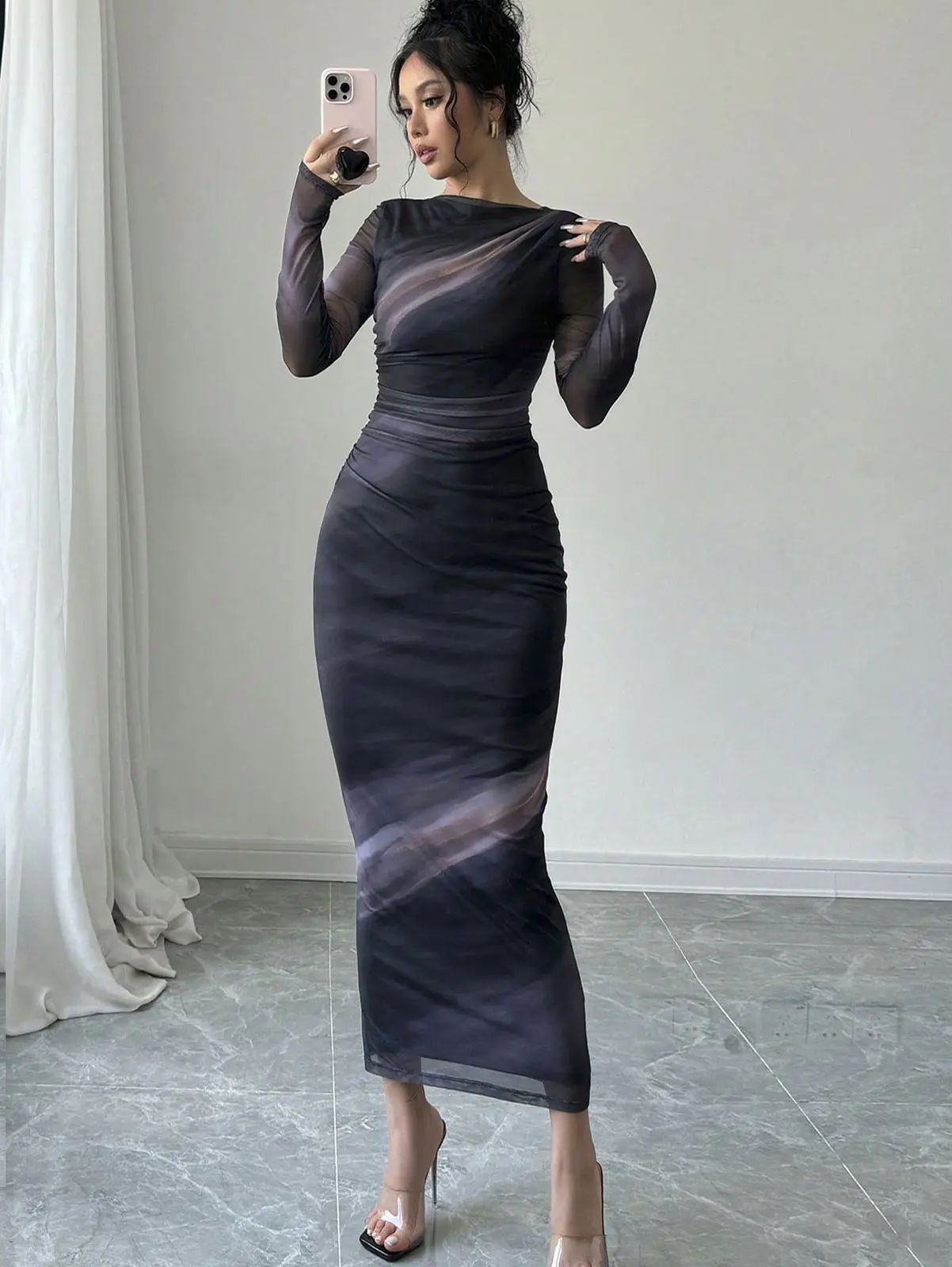 Tie-Dye Plated Long Sleeves Dress 