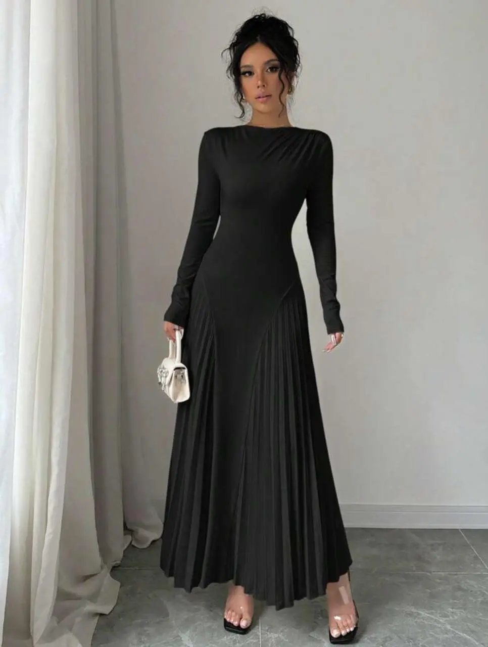Long Sleeves Solid Top Pleates Bottom Long Dress