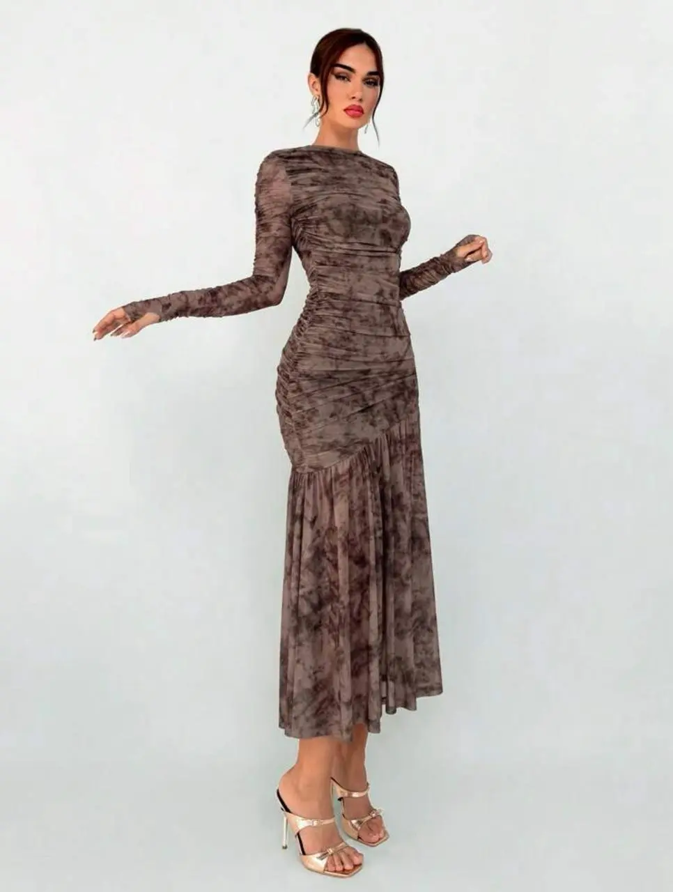 Dreb. Top Pleated Bottom Long Sleeves Long Dress