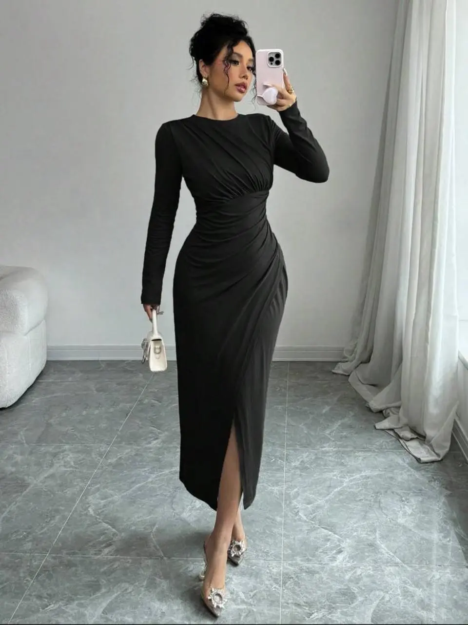 Long Sleeves Pleated Wrap Side Split Toll Dress