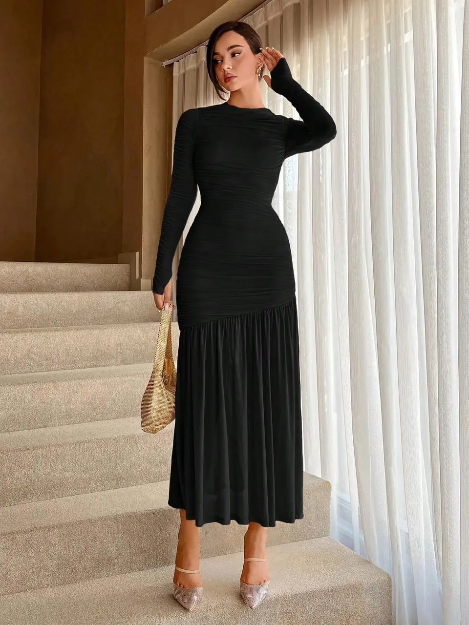 Long Sleeves Dreb. Top Pleated Bottom Toll Long Dress