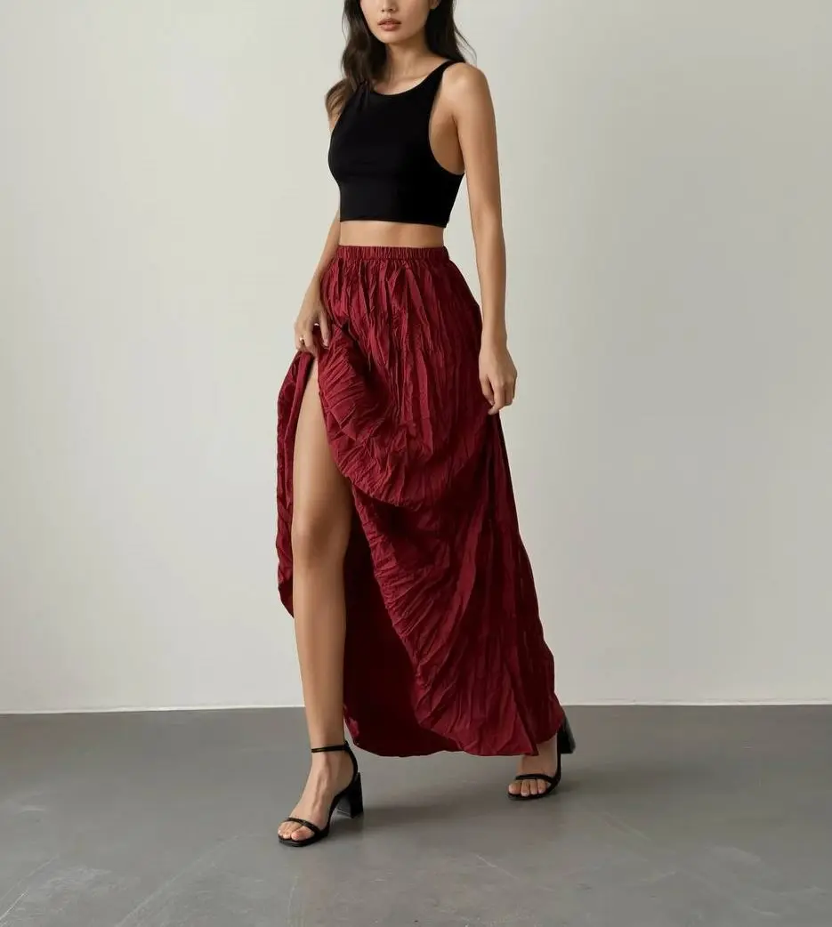 Elastic Waist Long Kram Skirt 7994